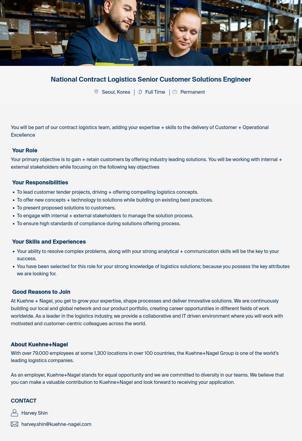 퀴네앤드나겔 National Contract Logistics Senior Customer Solutions Engineer 채용공고