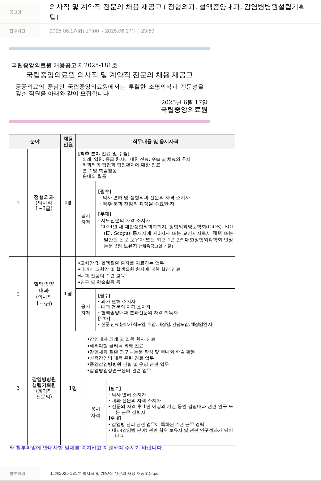 국립중앙의료원 의사직 및 계약직 전문의 채용 재공고 (정형외과, 혈액종양내과, 감염병 병원 설립 기획팀) 채용공고