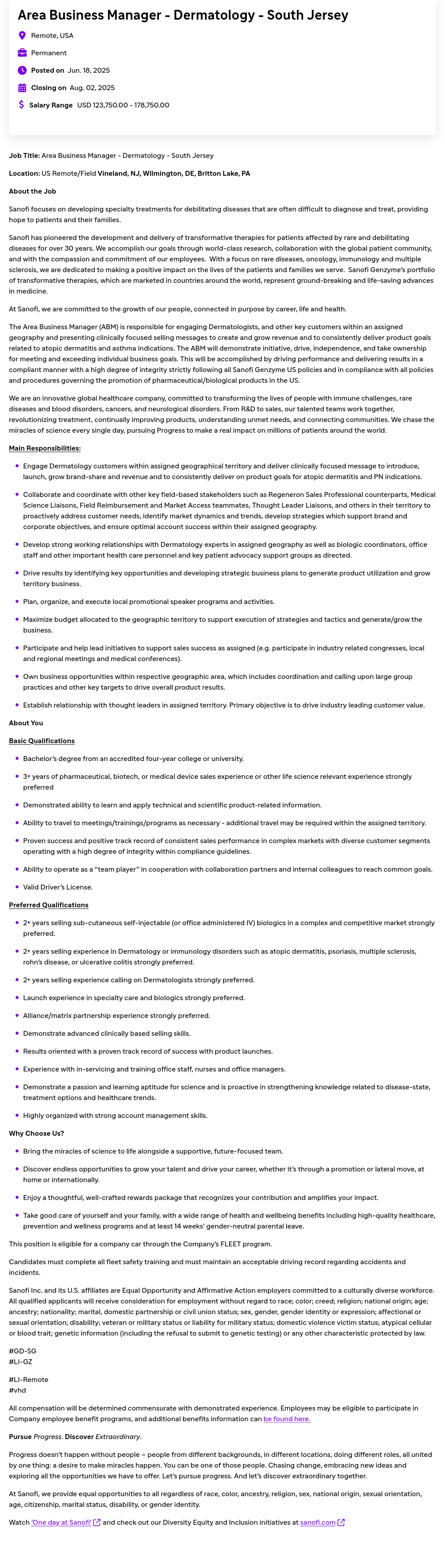 사노피 Area Business Manager - Dermatology - South Jersey 채용공고
