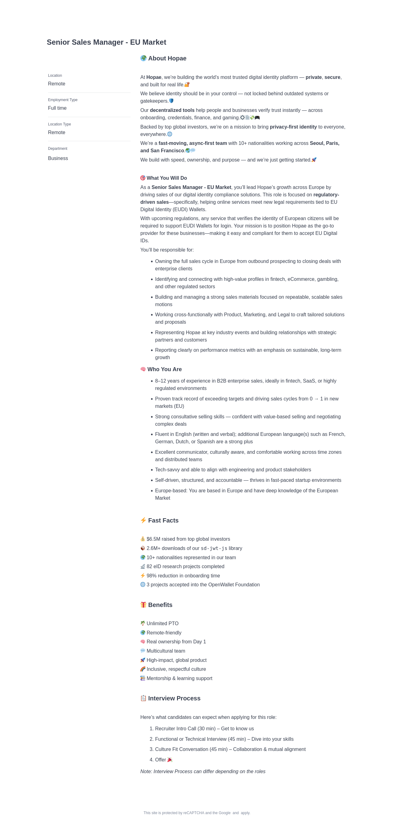 호패 Senior Sales Manager - EU Market 채용공고