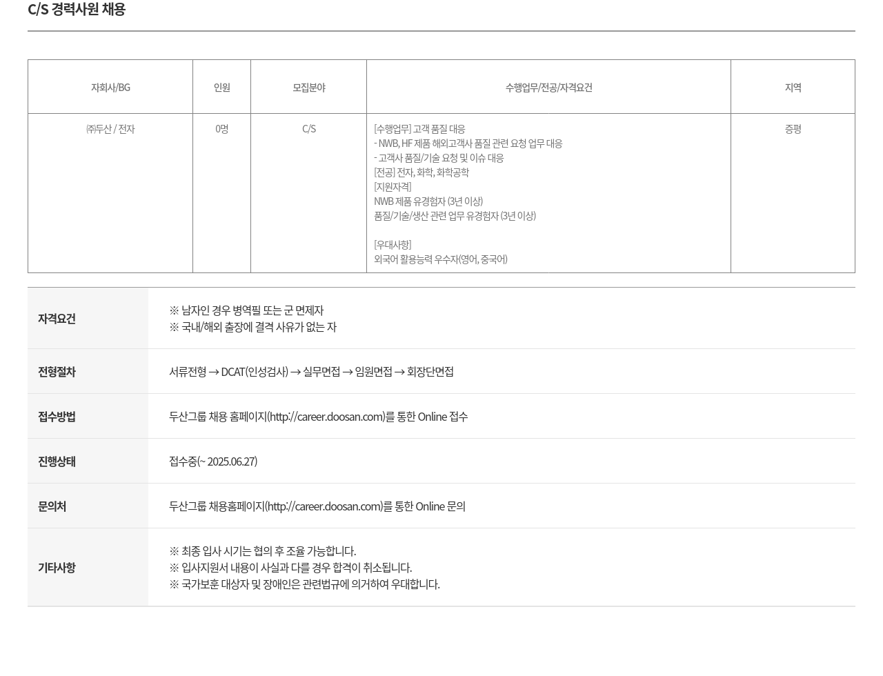 두산 C / S 경력 사원 채용 채용공고
