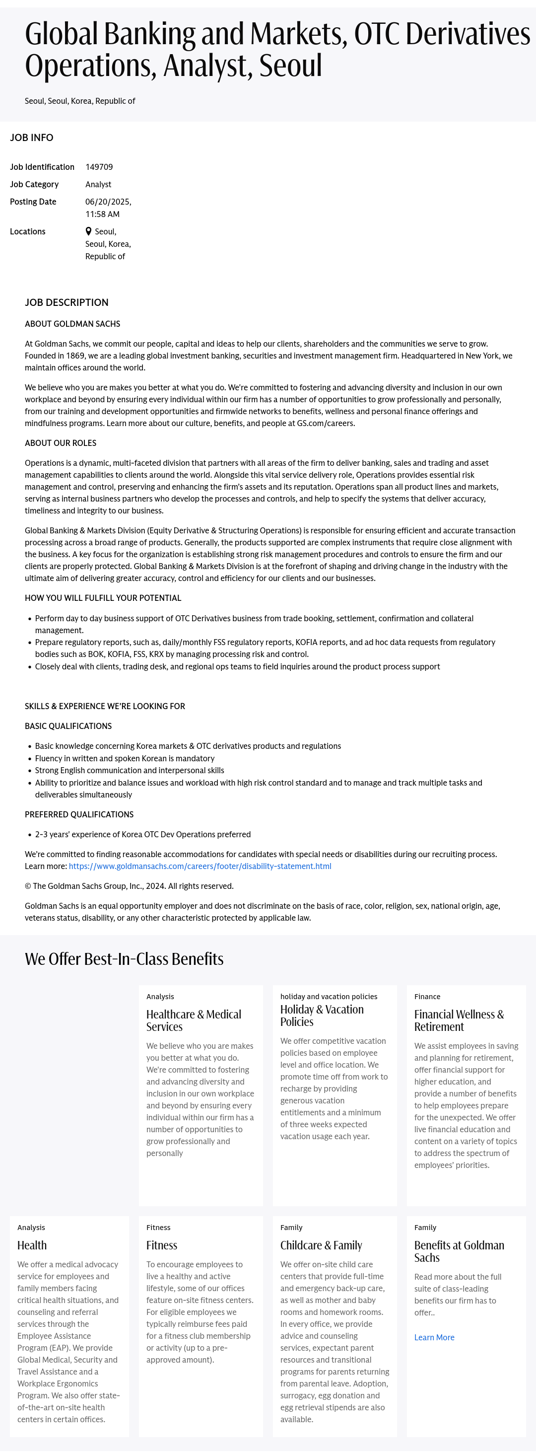 골드만삭스 Global Banking and Markets, OTC Derivatives Operations Analyst (Seoul) 채용공고