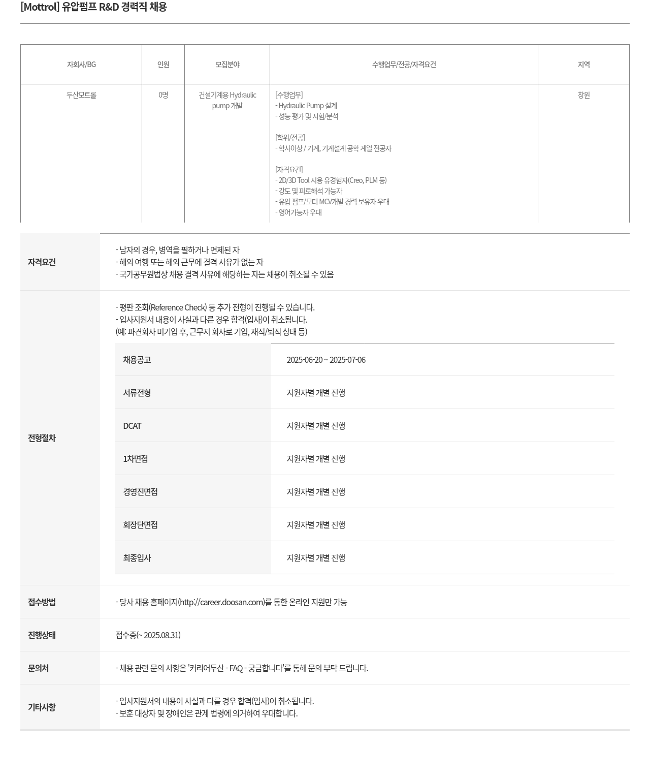 두산모트롤 유압 펌프 R & D 경력직 채용 채용공고