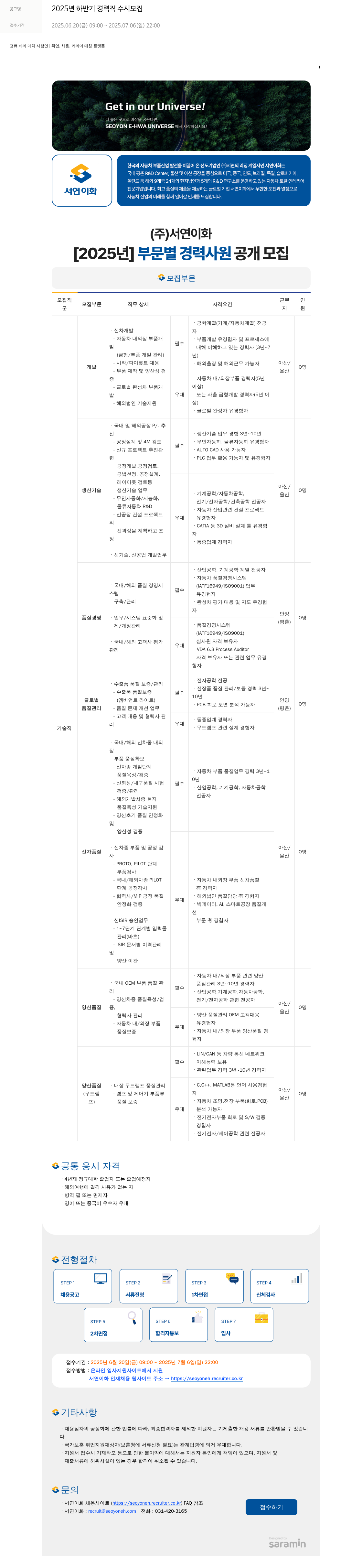 서연이화 2025년 하반기 경력직 수시 모집 채용공고