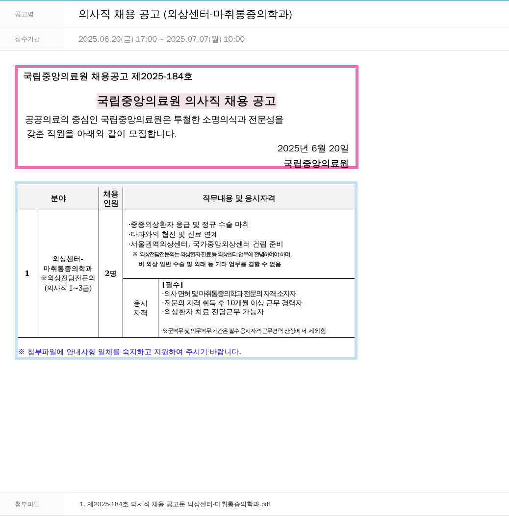국립중앙의료원 의사직 채용 공고 (외상센터 - 마취통증의학과) 채용공고