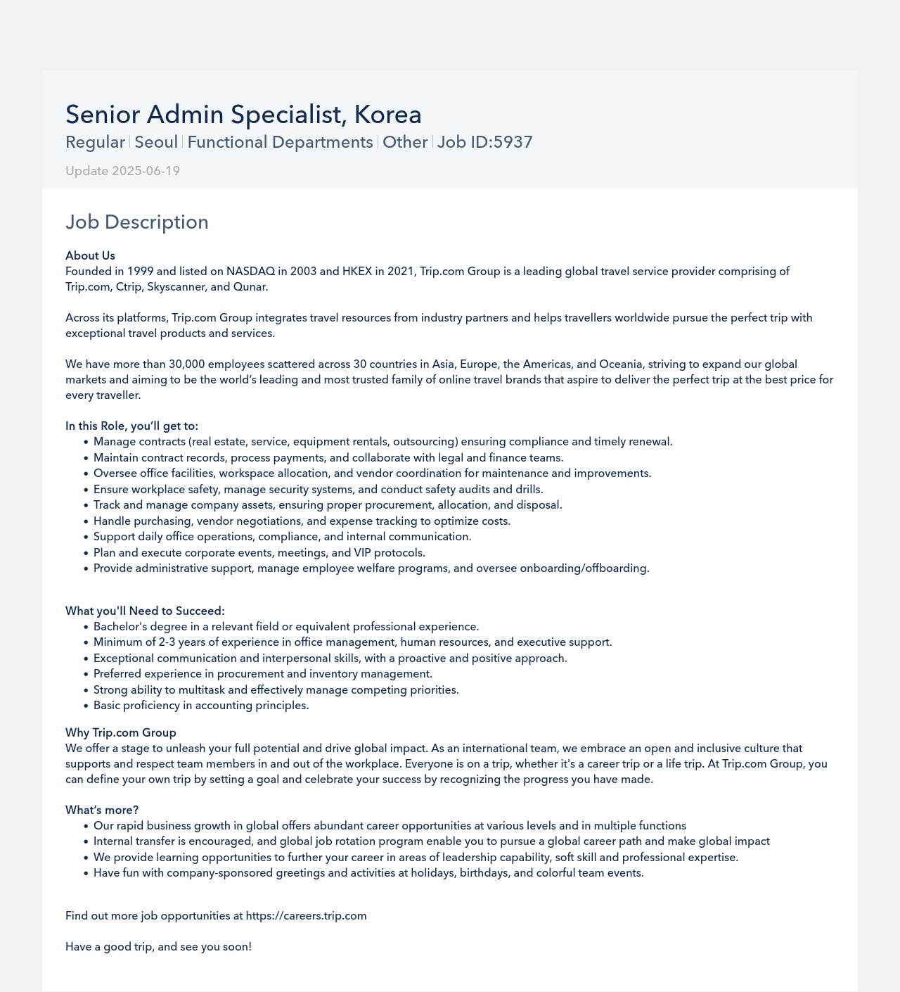 트립닷컴 Senior Admin Specialist, Korea 채용공고