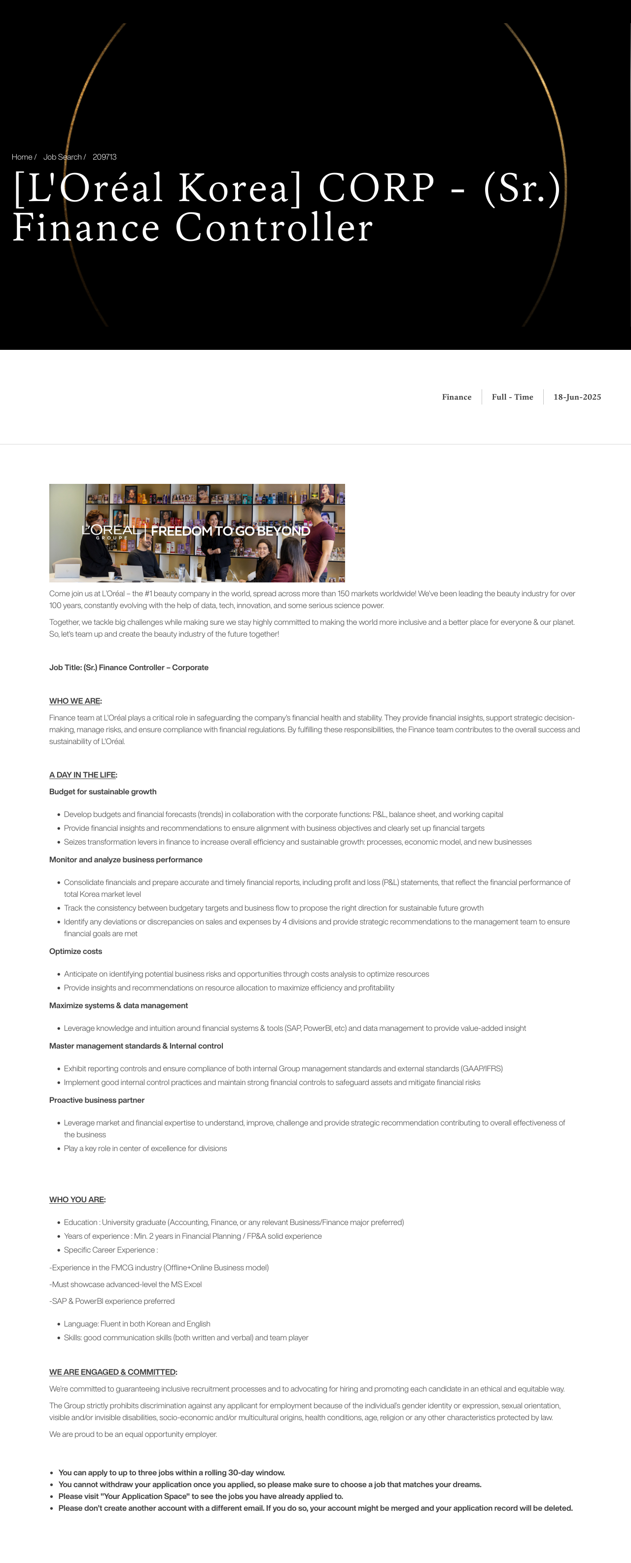 로레알(L'Oreal) (Sr.) Finance Controller - Corporate 채용공고