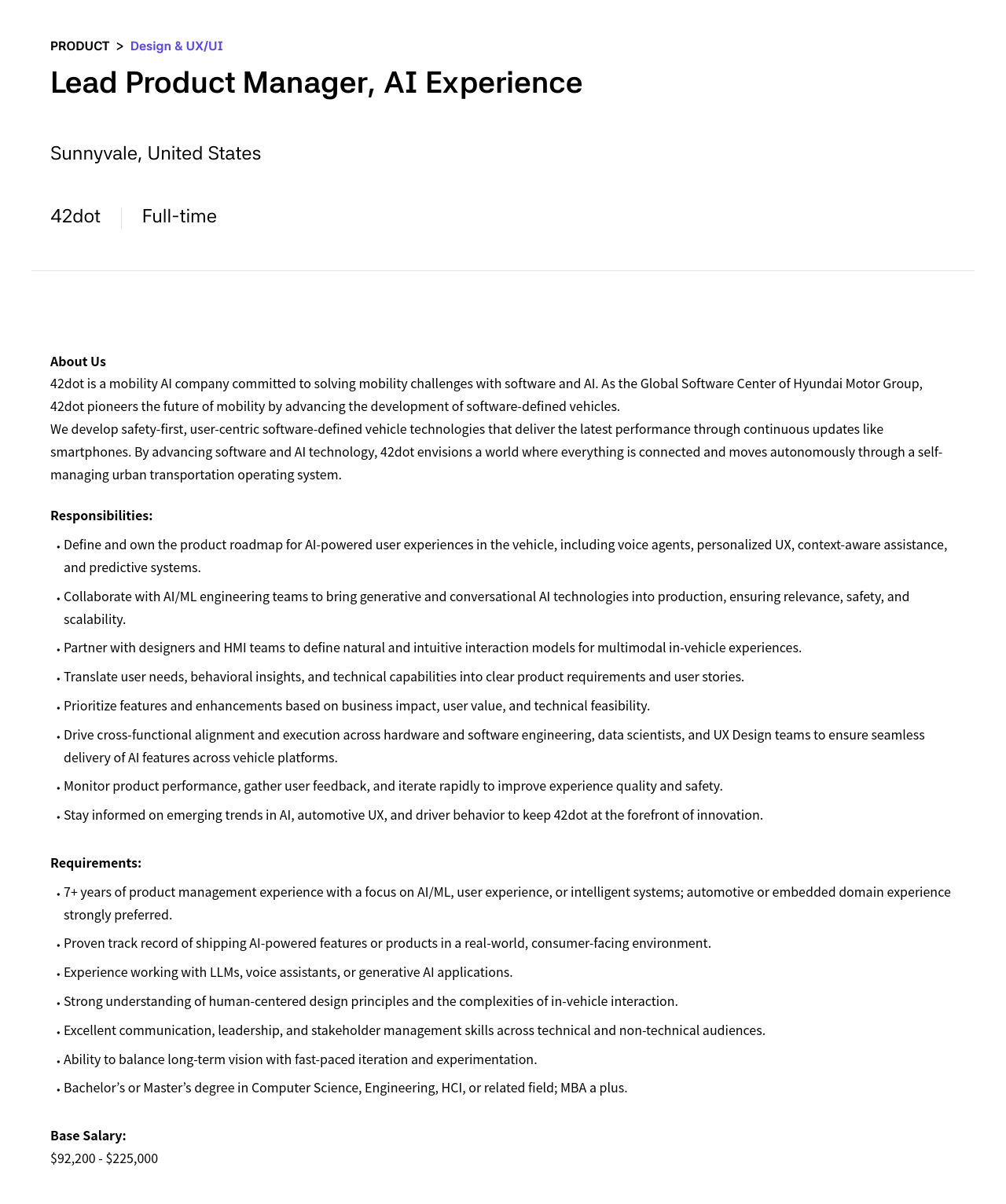 42dot Lead Product Manager, AI Experience 채용공고