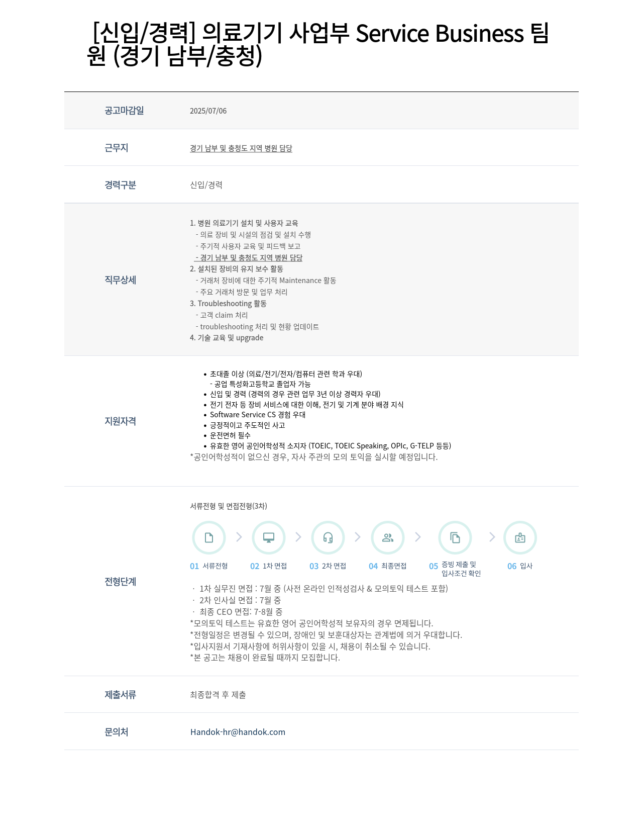 한독 [신입/경력] 의료 기기 사업부 Service Business 팀 채용 (경기 남부/충청) 채용공고