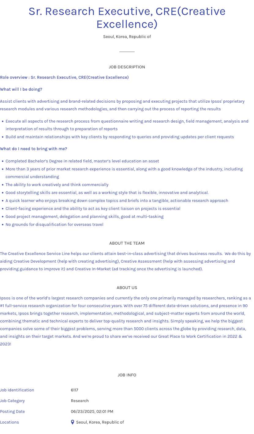 입소스코리아 Sr. Research Executive, CRE (Creative Excellence) 채용공고