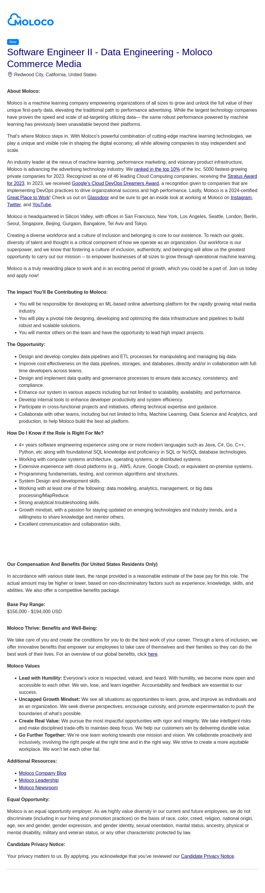 몰로코 Software Engineer II - Data Engineering - Moloco 채용공고