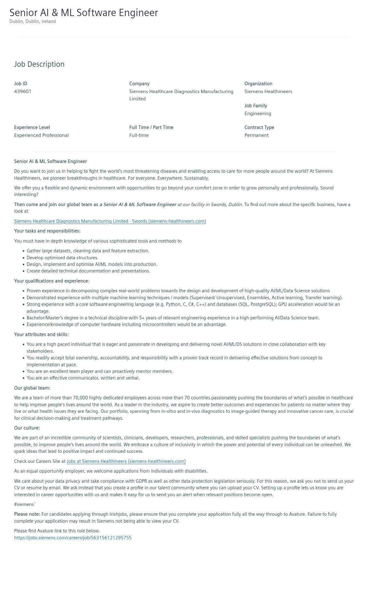 지멘스 Senior AI & ML Software Engineer 채용공고