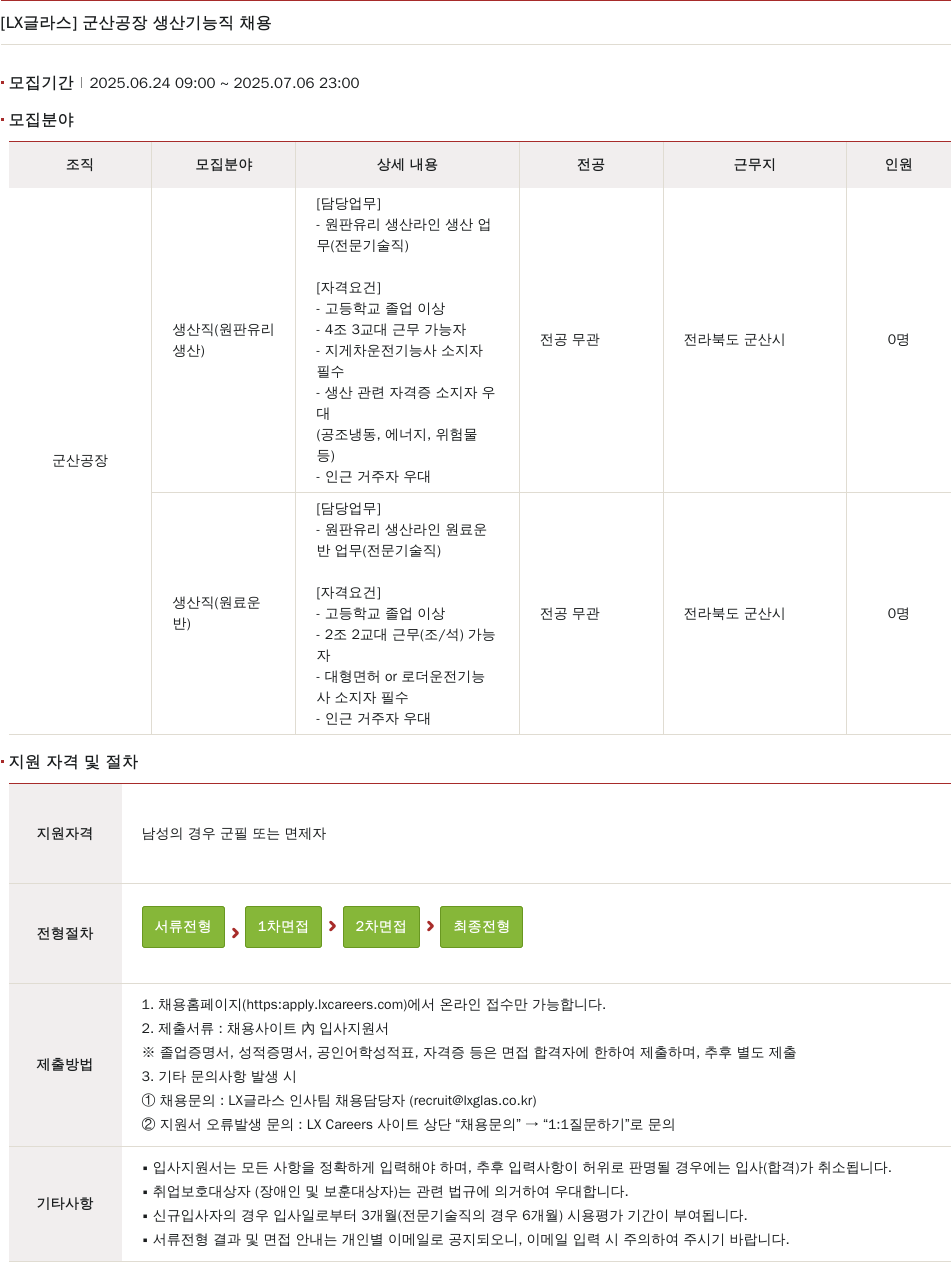 LX글라스 군산 공장 생산 기능직 채용 채용공고