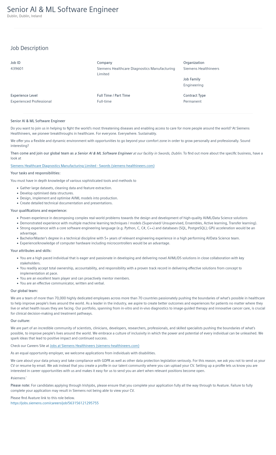 SiemensHealthineers Senior AI & ML Software Engineer 채용공고