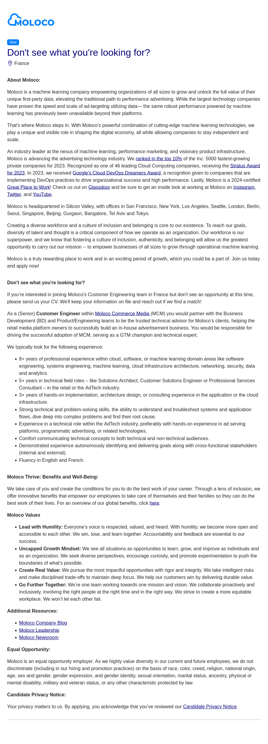 몰로코 Don't see what you're looking for? (Customer Engineering Team, France) 채용공고