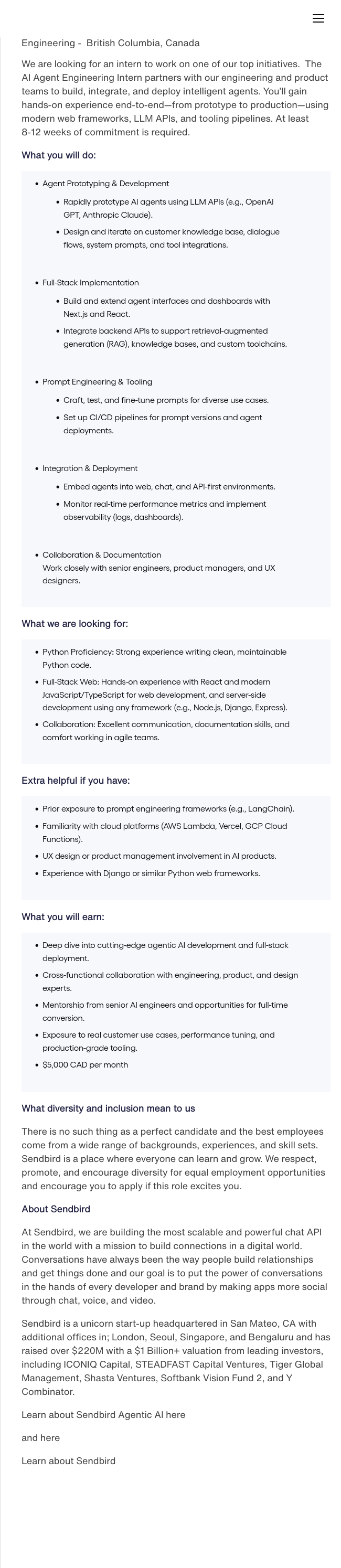 센드버드 AI Agent Engineering Intern (British Columbia, Canada) 채용공고