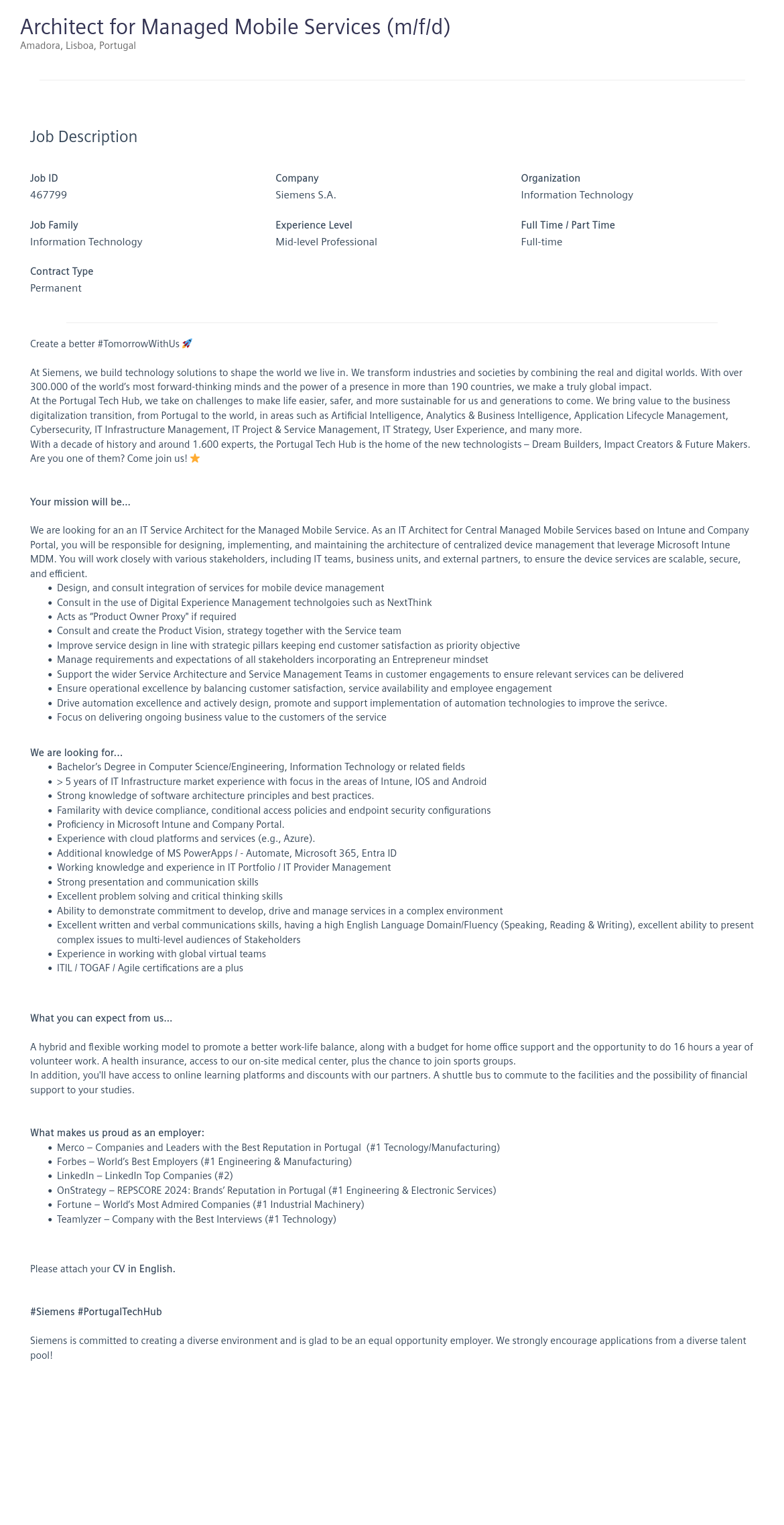 지멘스 Architect for Managed Mobile Services (m/f/d) 채용공고