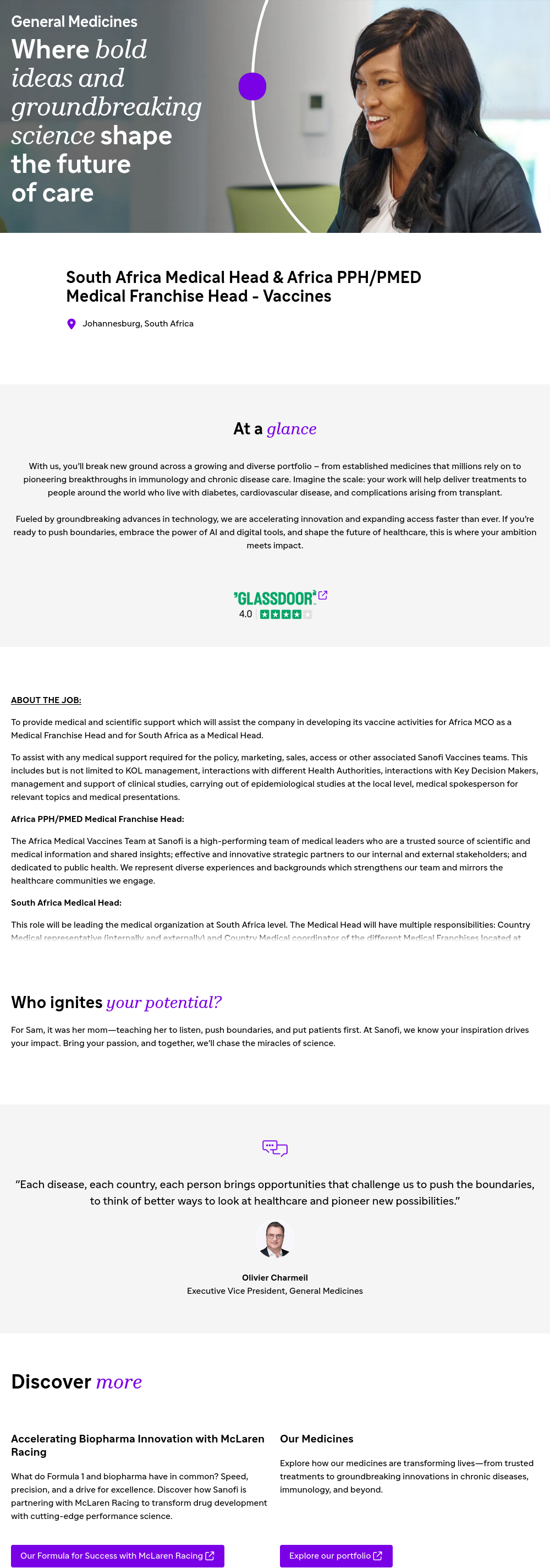 사노피 South Africa Medical Head & Africa PPH / PMED Medical Franchise Head - Vaccines 채용공고