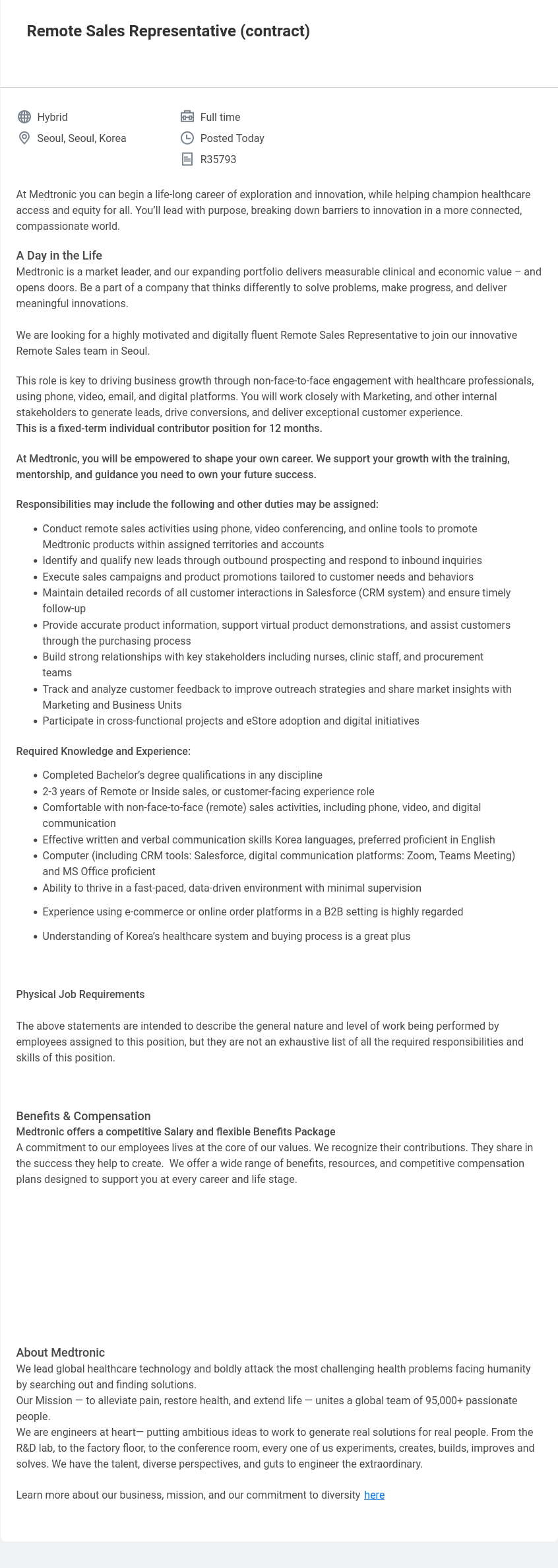 메드트로닉 Remote Sales Representative (contract) 채용공고