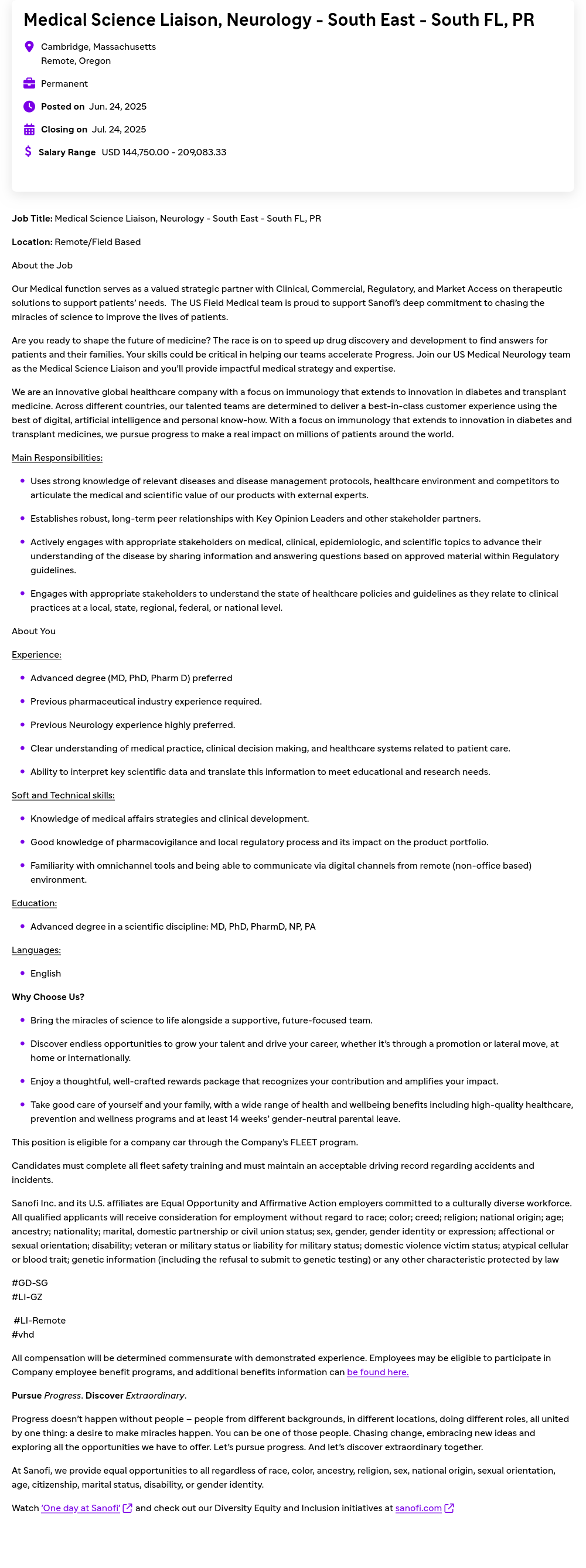 사노피 Medical Science Liaison, Neurology - South East - South FL, PR 채용공고