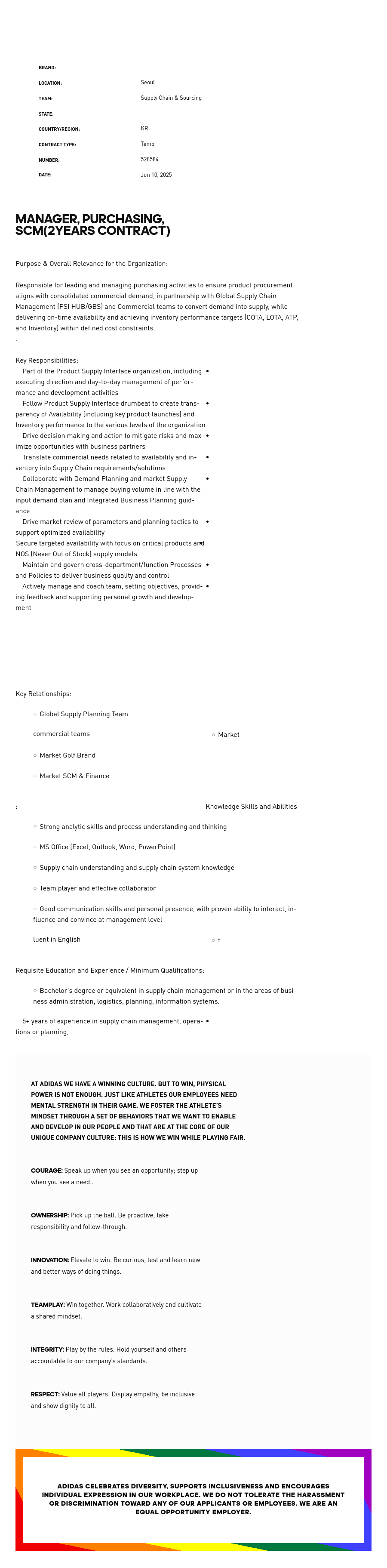 아디다스 Manager, Purchasing, SCM (2 Years Contract) 채용공고