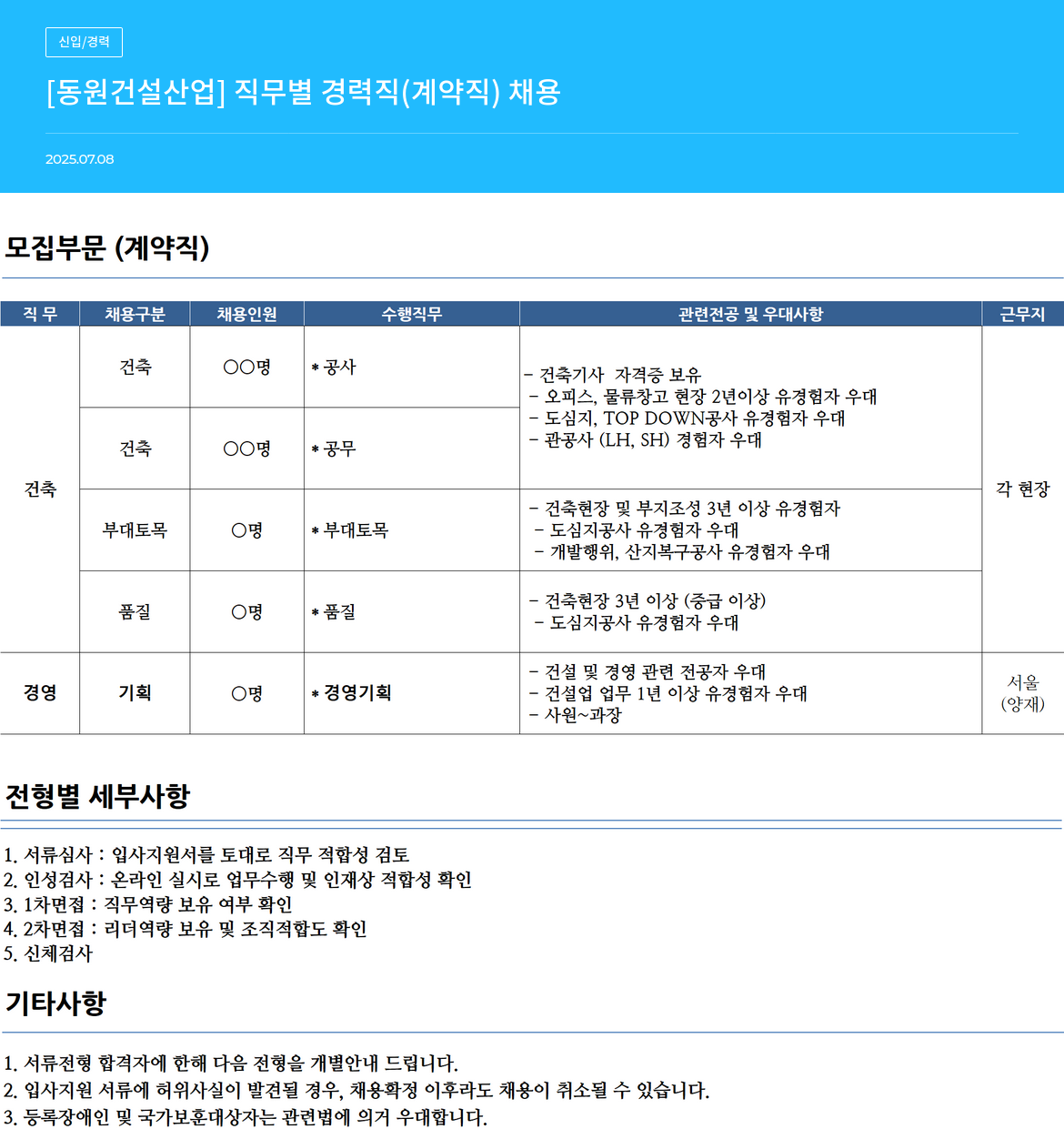 동원건설산업 [동원 건설 산업] 직무 별 경력직 (계약직) 채용 채용공고