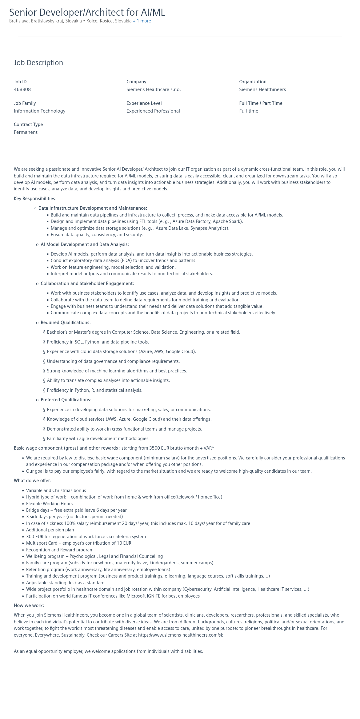 SiemensHealthineers Senior Developer / Architect for AI / ML 채용공고