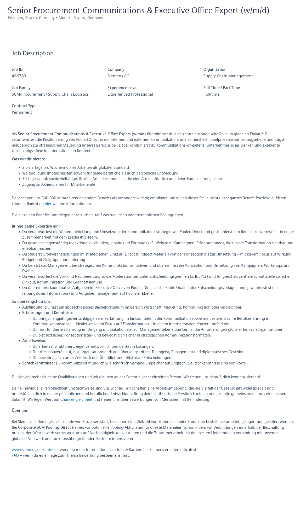 지멘스 Senior Procurement Communications & Executive Office Expert (w/m/d) 채용공고