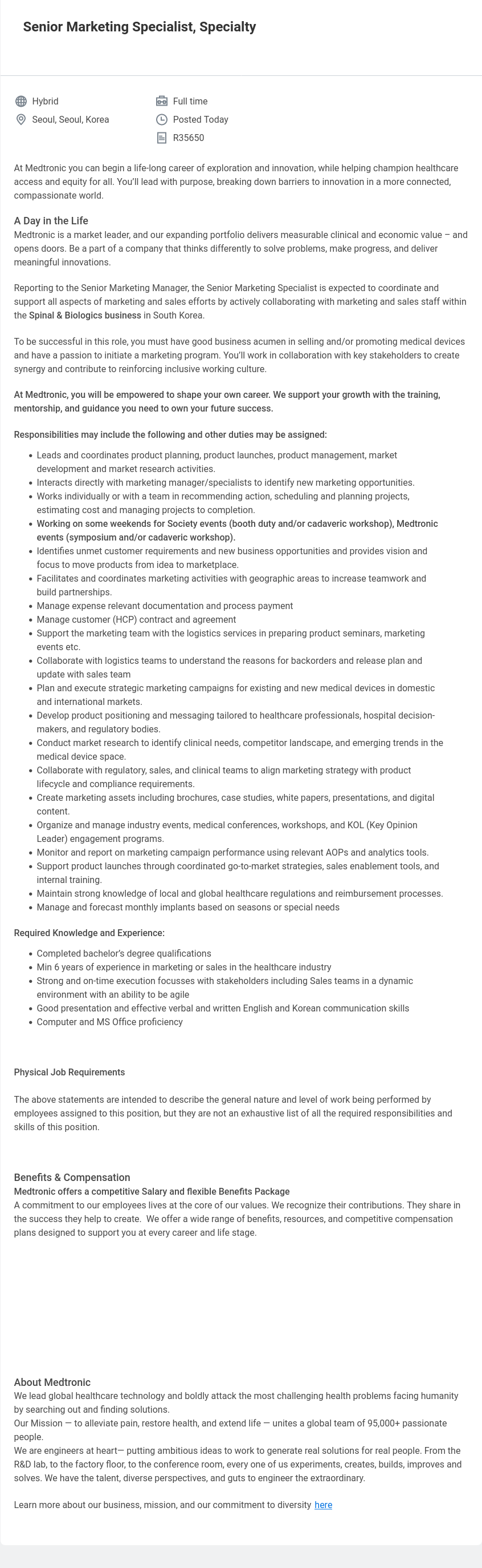 메드트로닉 Senior Marketing Specialist, Specialty 채용공고