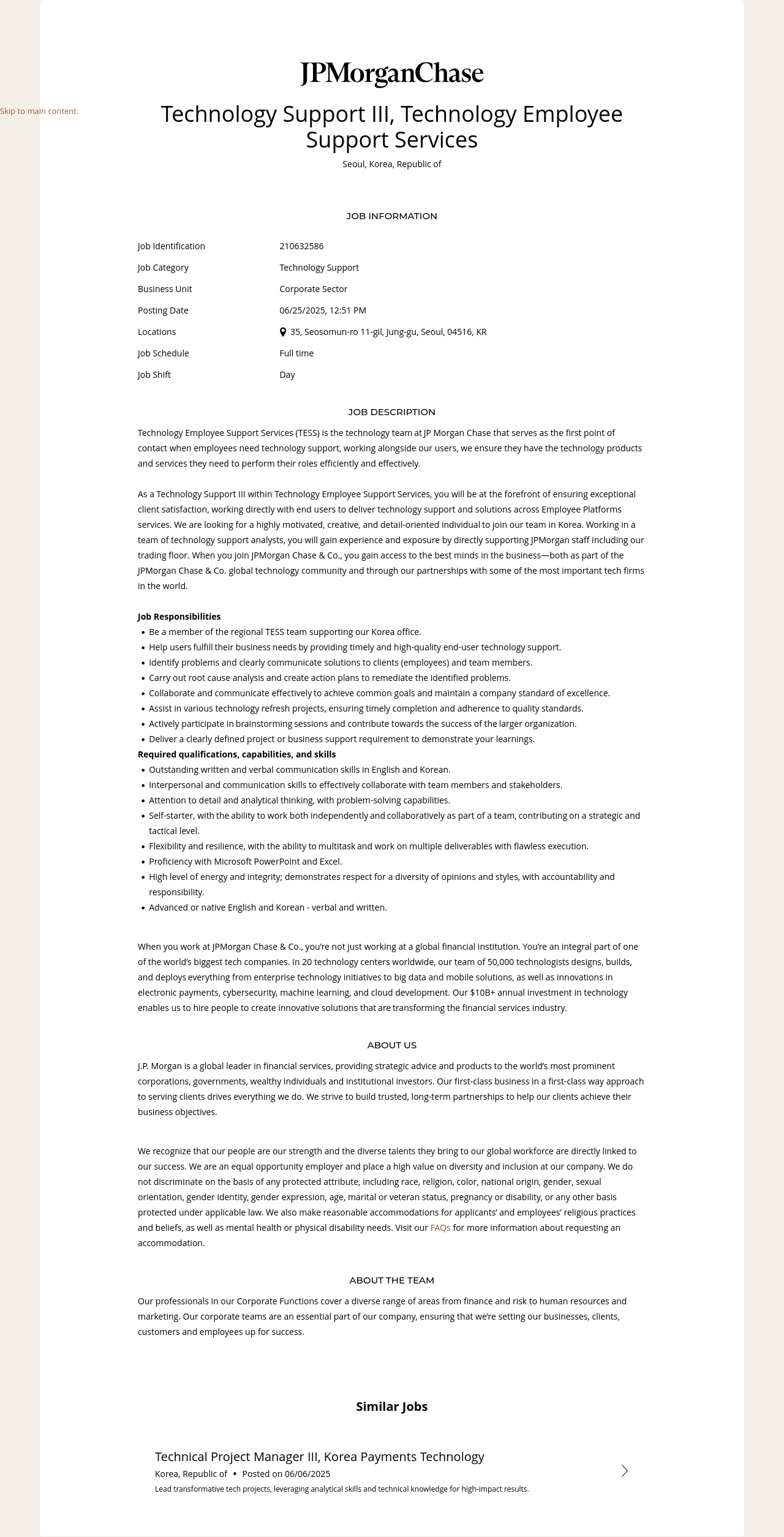 JPMorganChase Technology Support III, Technology Employee Support Services 채용공고