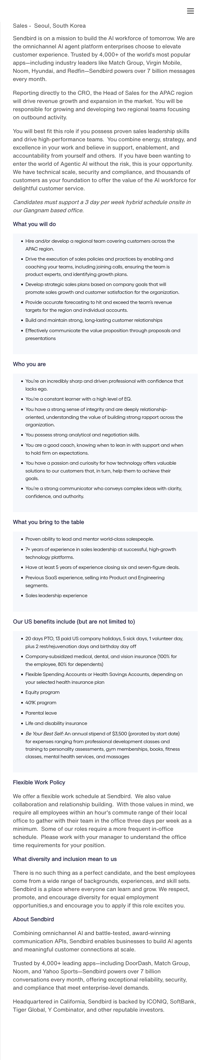 센드버드 Head of Sales, APAC 채용공고
