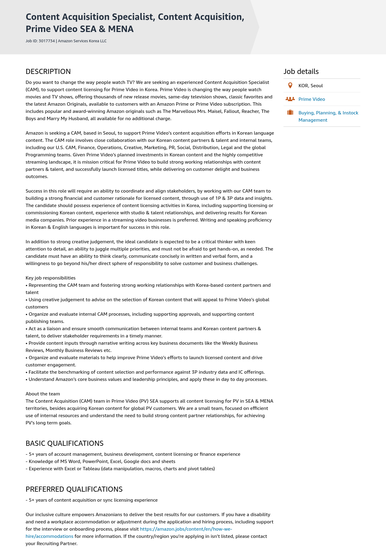 AWS Content Acquisition Specialist, Content Acquisition, Prime Video SEA & MENA 채용공고