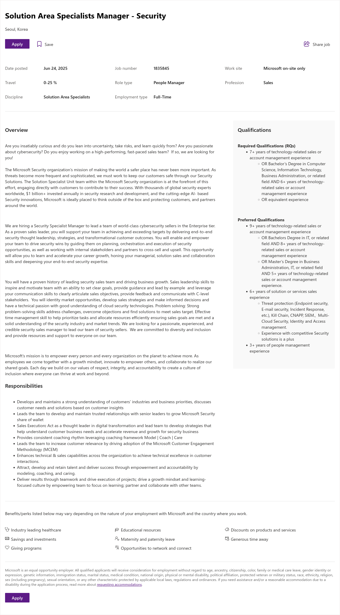 마이크로소프트(Microsoft) Solution Area Specialists Manager - Security 채용공고
