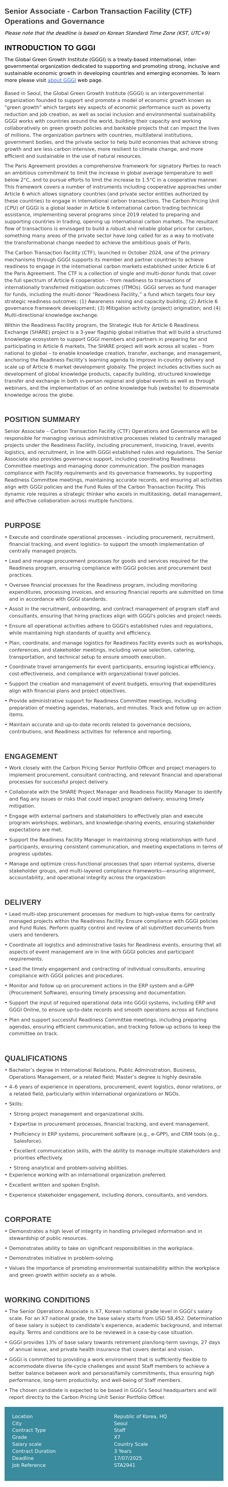 글로벌녹색성장기구 Senior Associate - Carbon Transaction Facility (CTF) Operations and Governance 채용공고