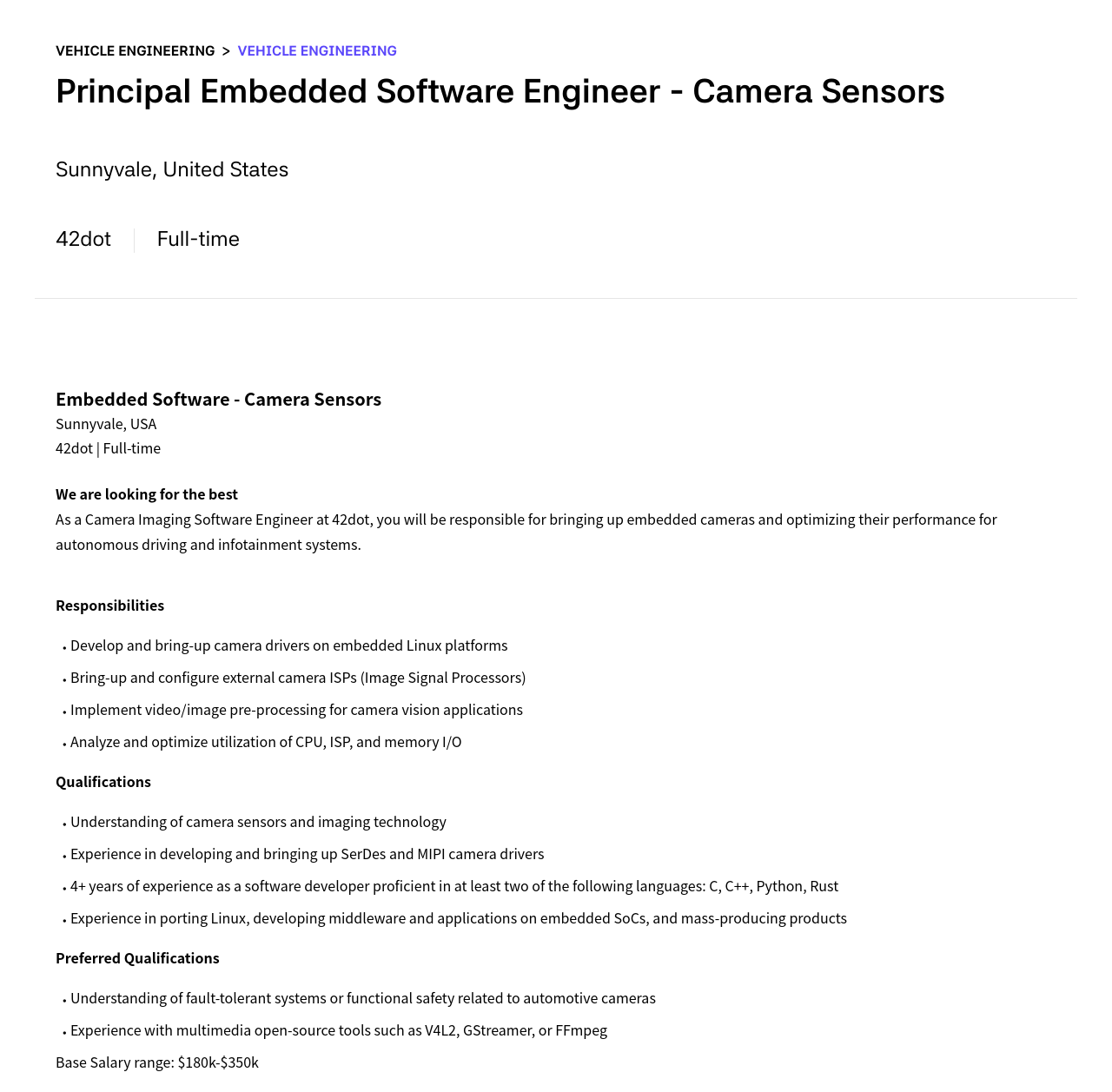 42dot Principal Embedded Software Engineer - Camera Sensors 채용공고
