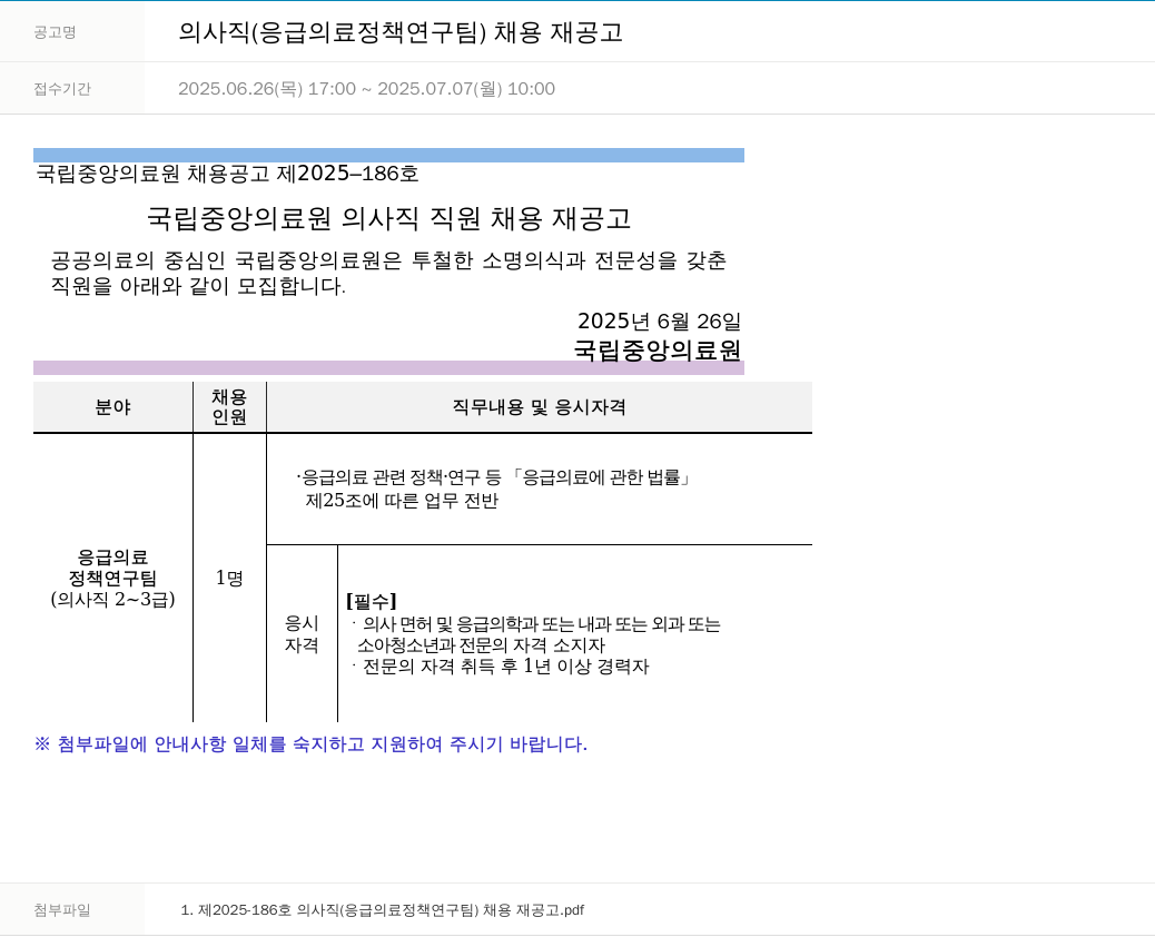 국립중앙의료원 의사직 (응급 의료 정책 연구팀) 채용 재공고 채용공고