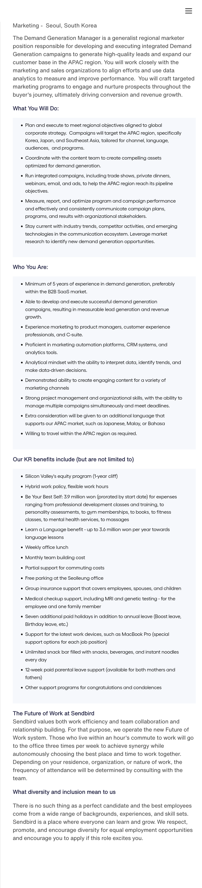 센드버드 Demand Generation Manager 채용 (APAC 지역 마케팅) 채용공고