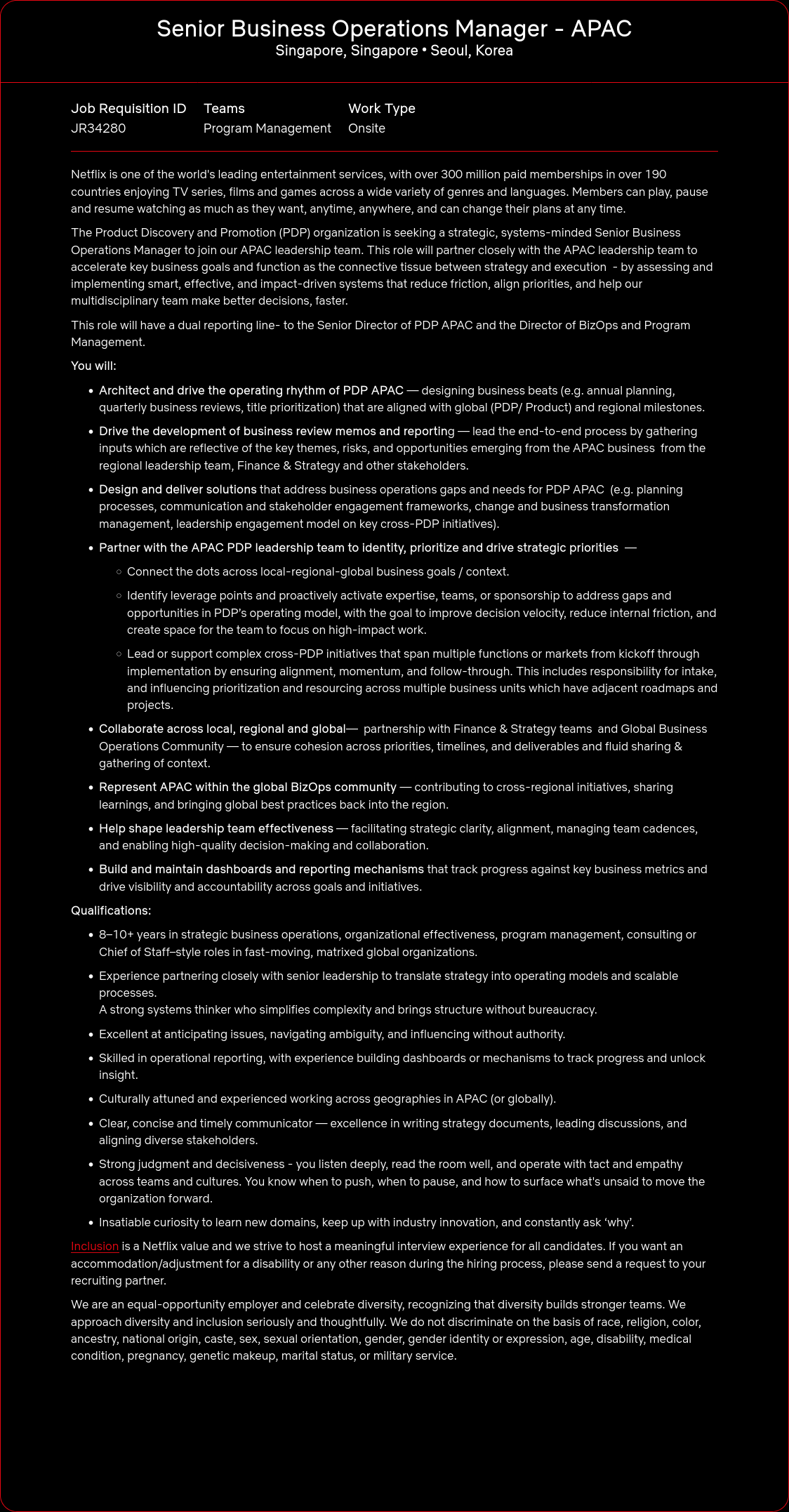넷플릭스 Senior Business Operations Manager - APAC 채용공고