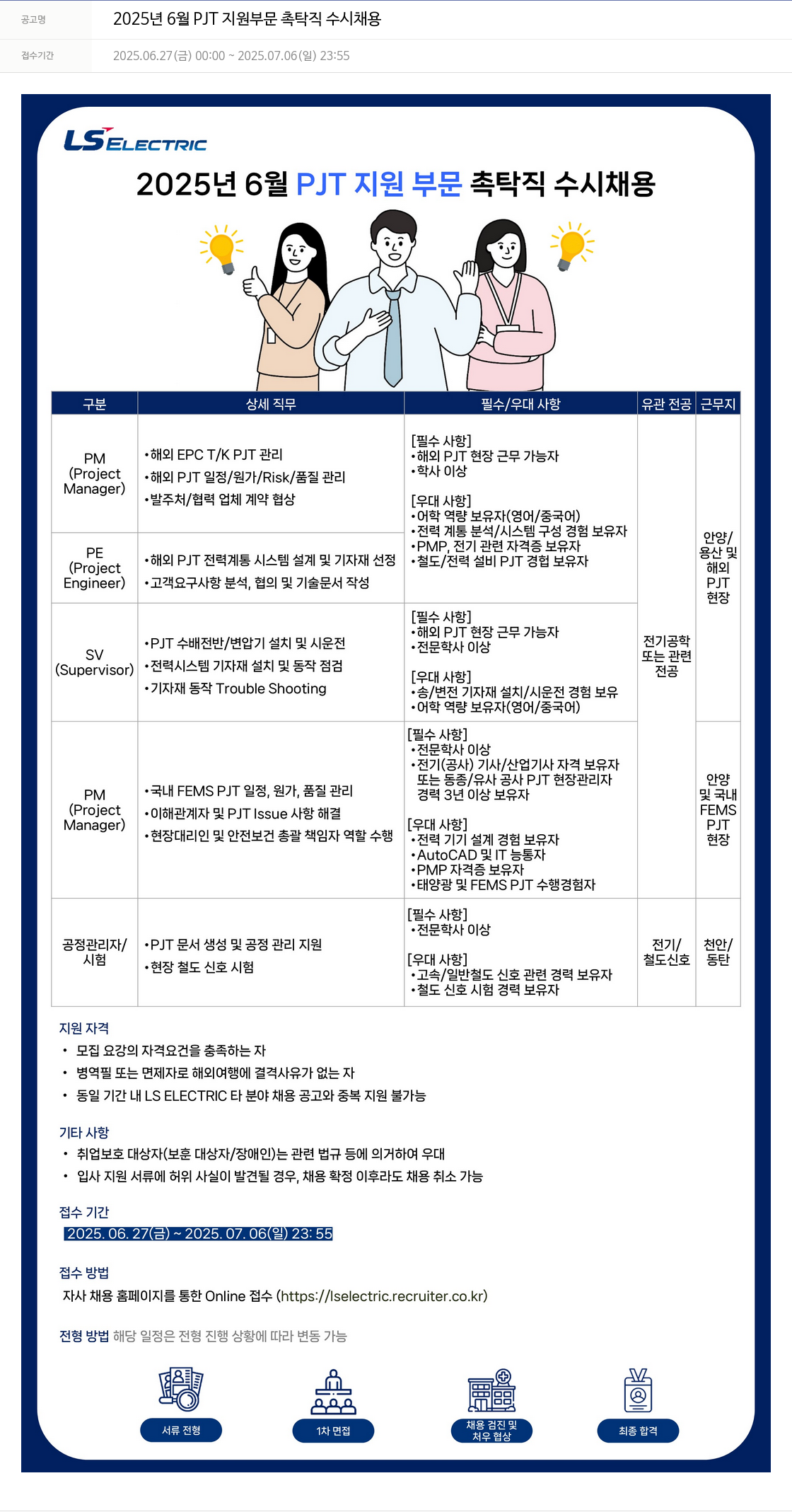 LS일렉트릭 2025년 6월 PJT 지원 부문 촉탁직 수시 채용 채용공고