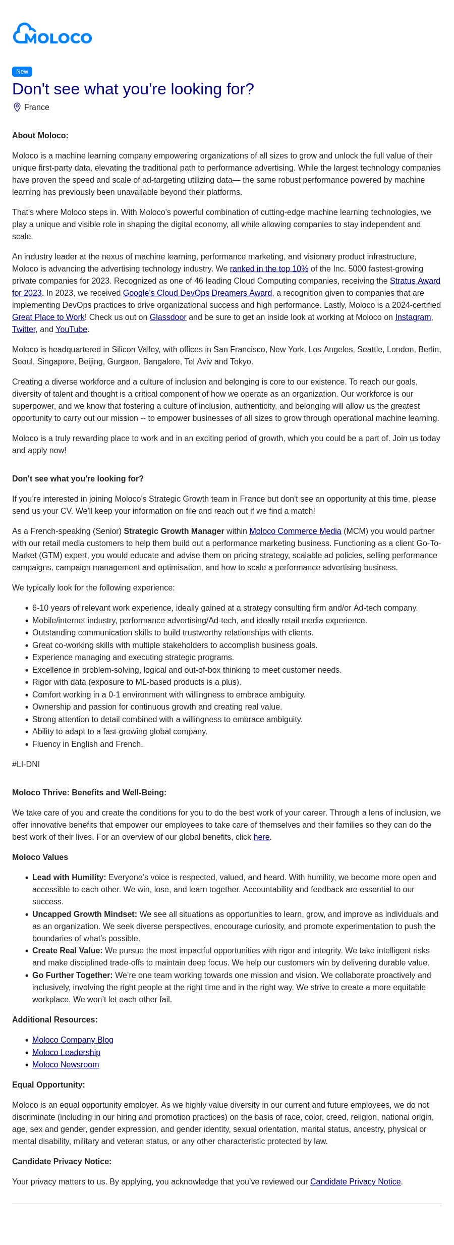 몰로코 (Senior) Strategic Growth Manager (France) 채용공고