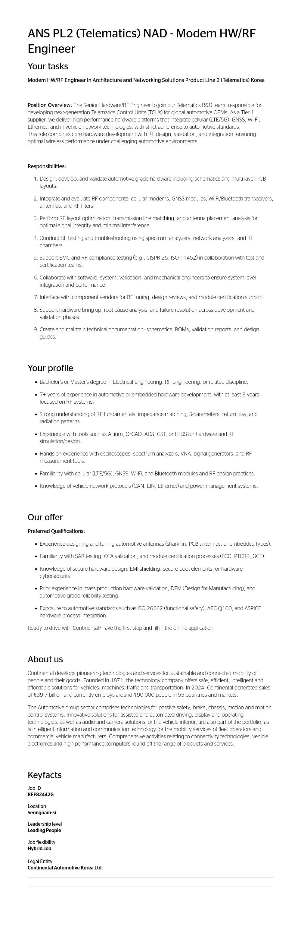 콘티넨탈 AG ANS PL2 (Telematics) NAD - Modem HW / RF Engineer 채용공고