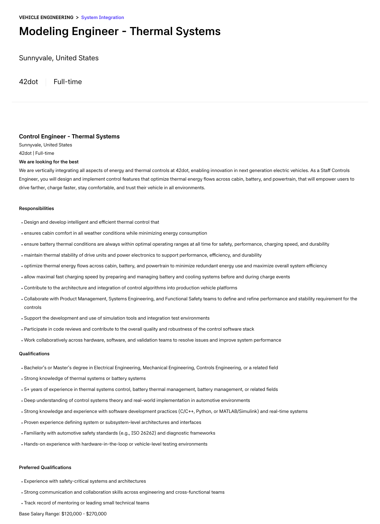 42dot VEHICLE ENGINEERING > System Integration Engineer - Thermal Systems Modeling / Control Engineer - Thermal Systems 채용공고
