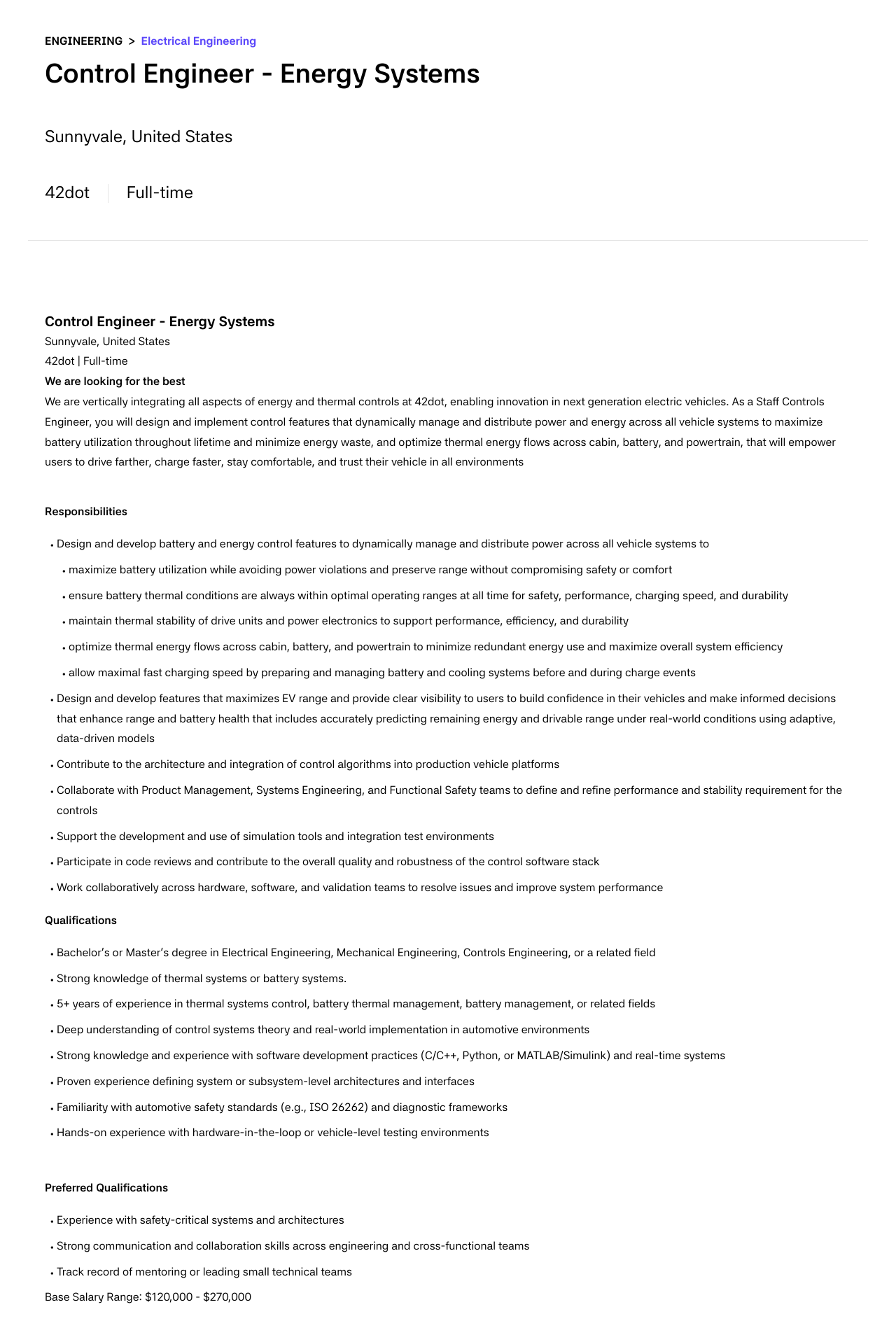 42dot Control Engineer - Energy Systems 채용공고