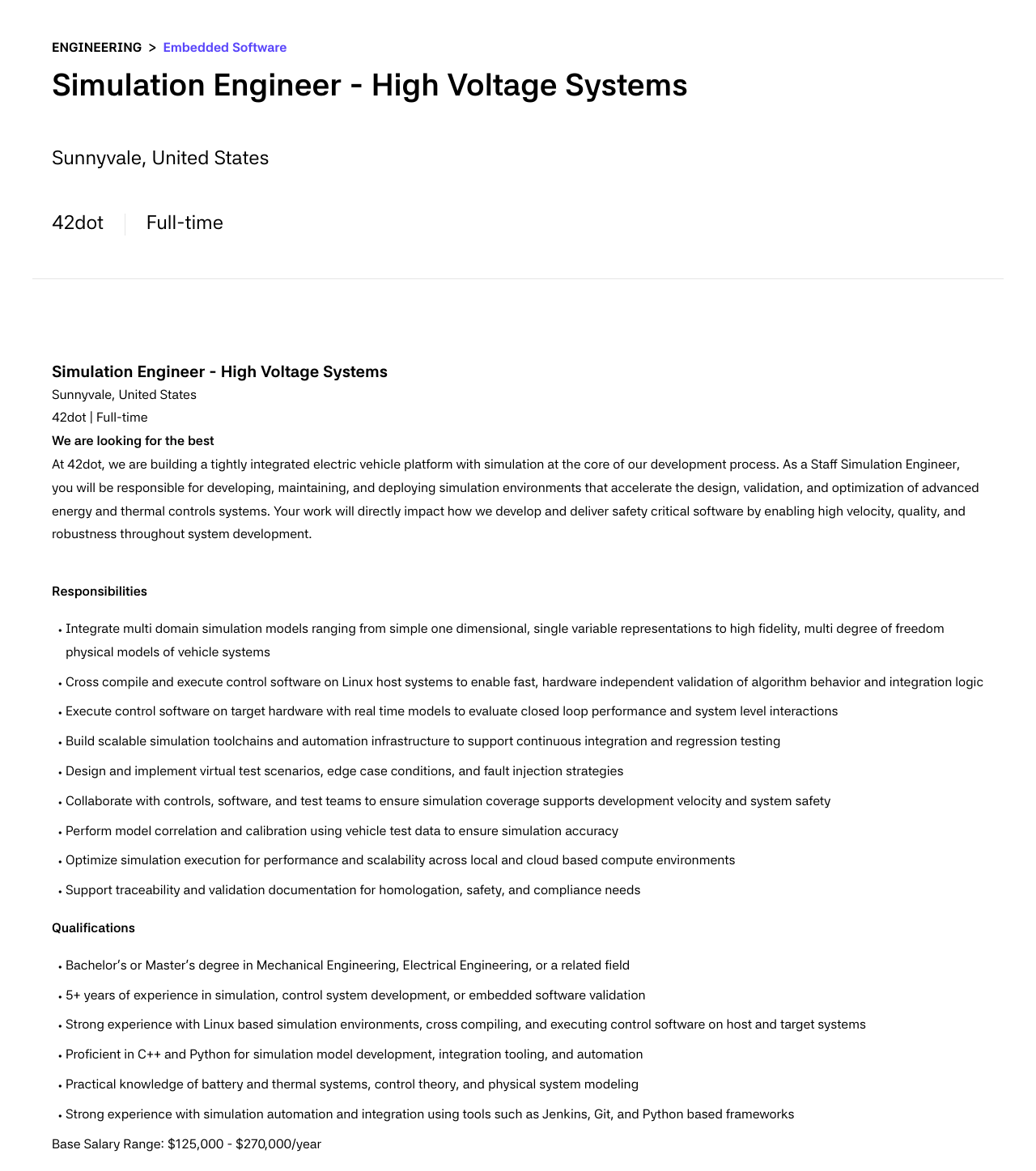 42dot Simulation Engineer - High Voltage Systems 채용공고