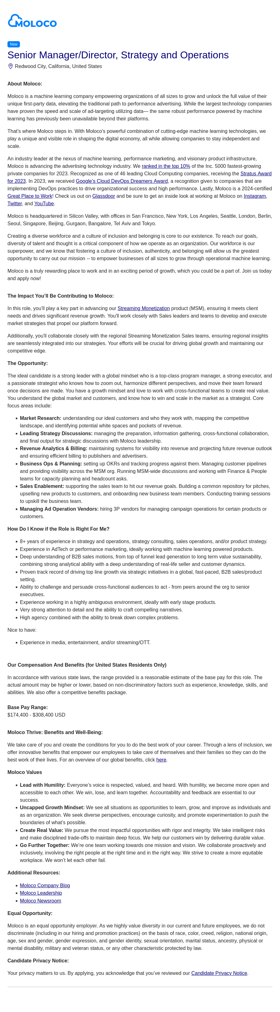 몰로코 Senior Manager / Director, Strategy and Operations 채용공고