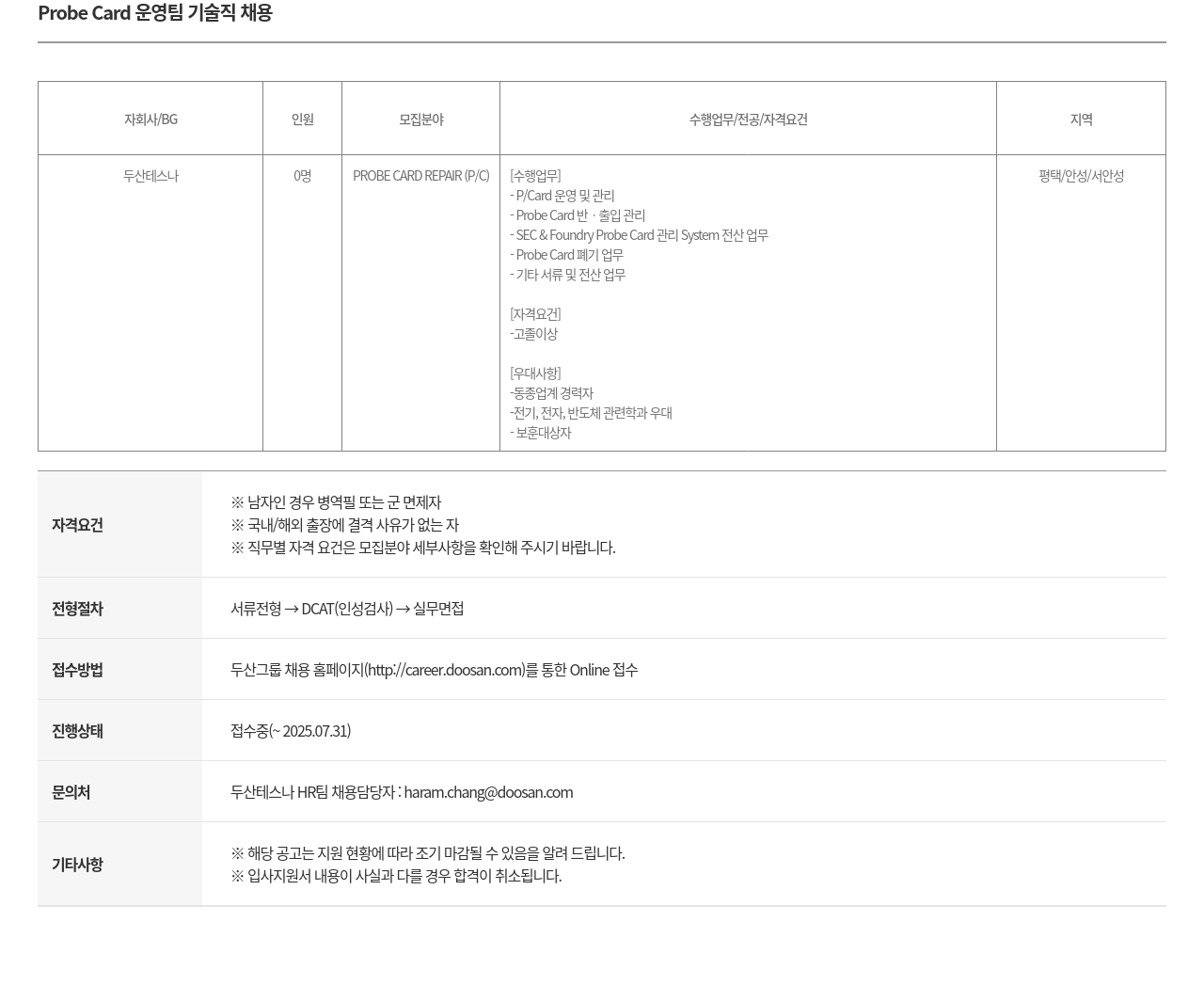 두산테스나 Probe Card 운영팀 기술직 채용 채용공고