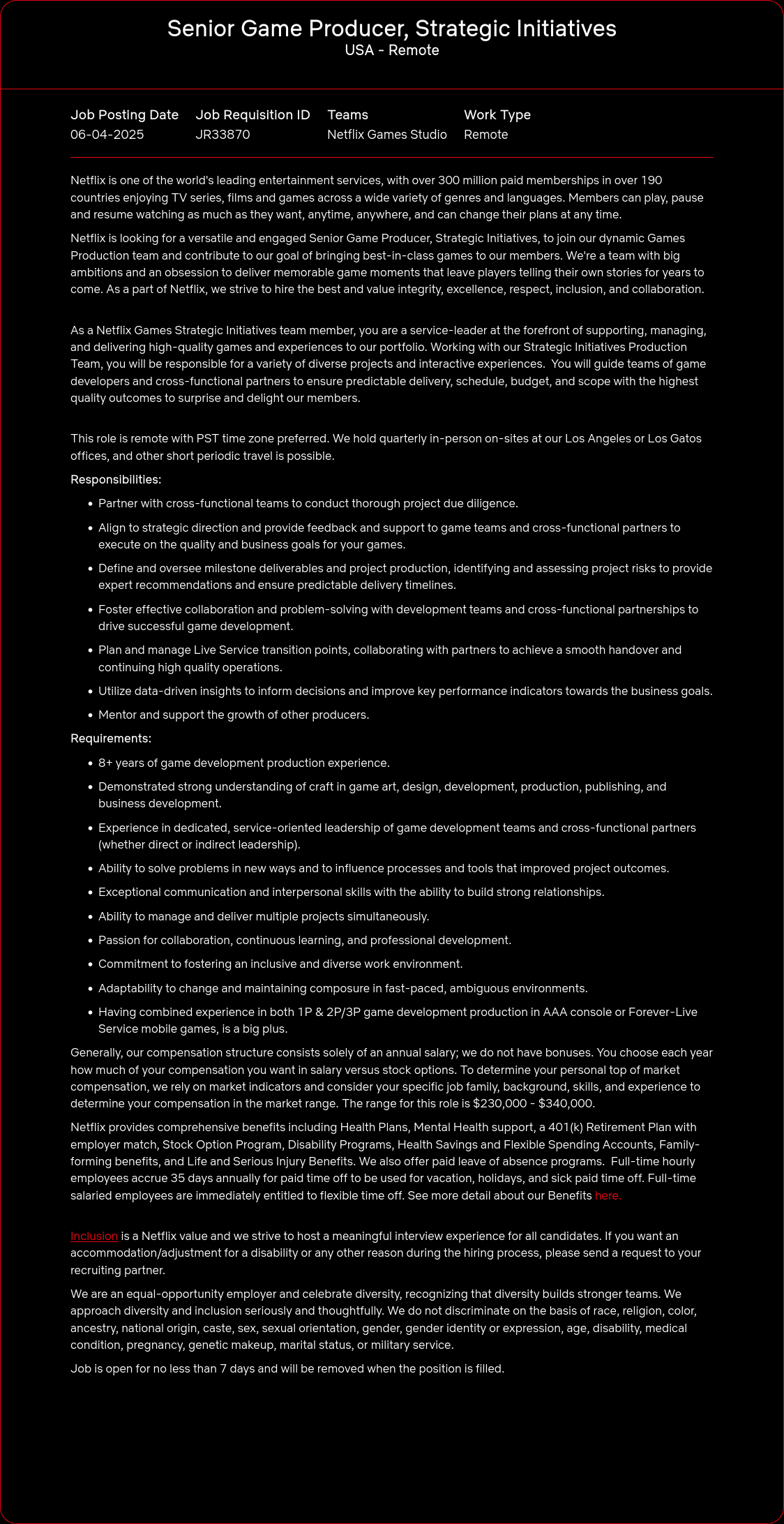넷플릭스 Senior Game Producer, Strategic Initiatives 채용공고