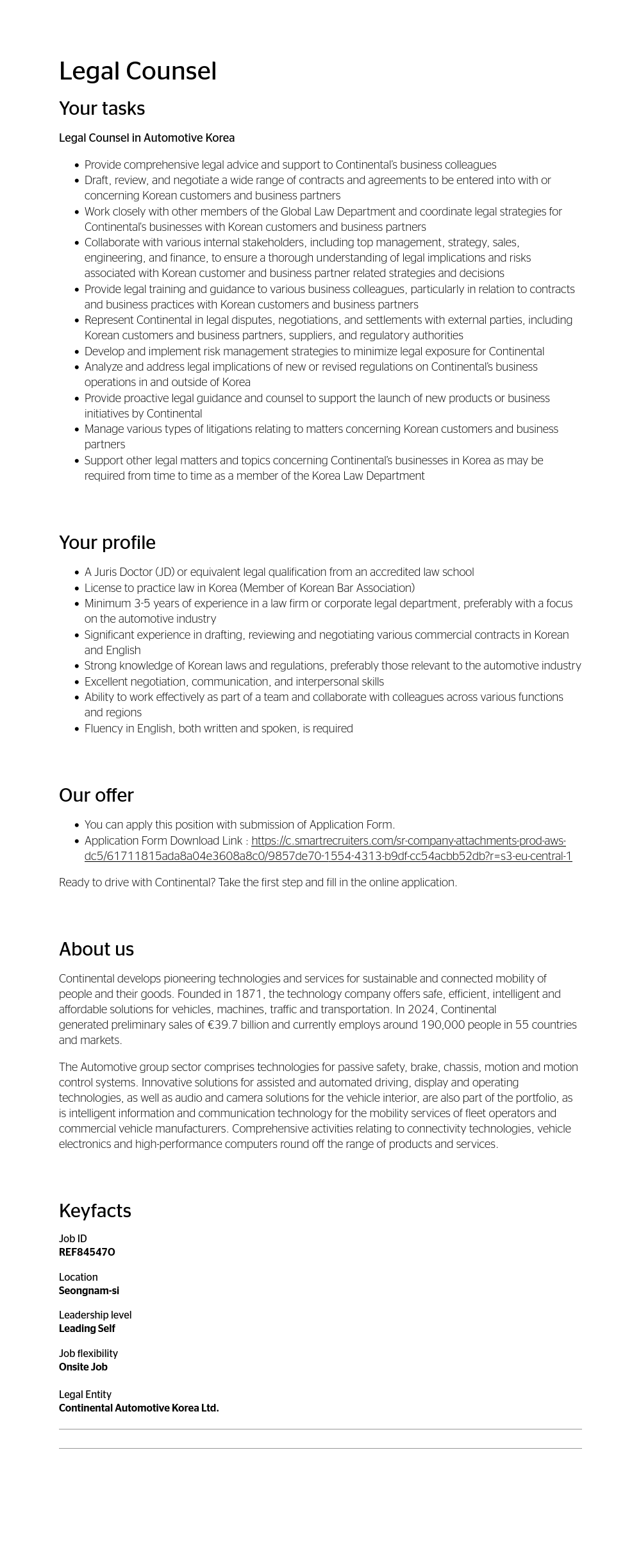 콘티넨탈 AG Legal Counsel in Automotive Korea 채용공고