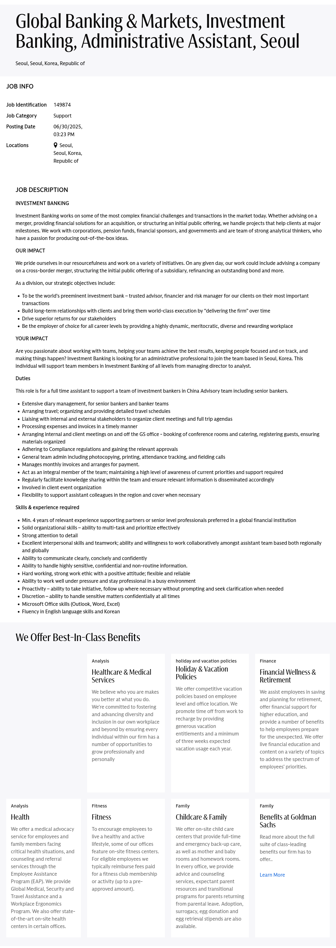 골드만삭스 Global Banking & Markets, Investment Banking, Administrative Assistant, Seoul 채용공고
