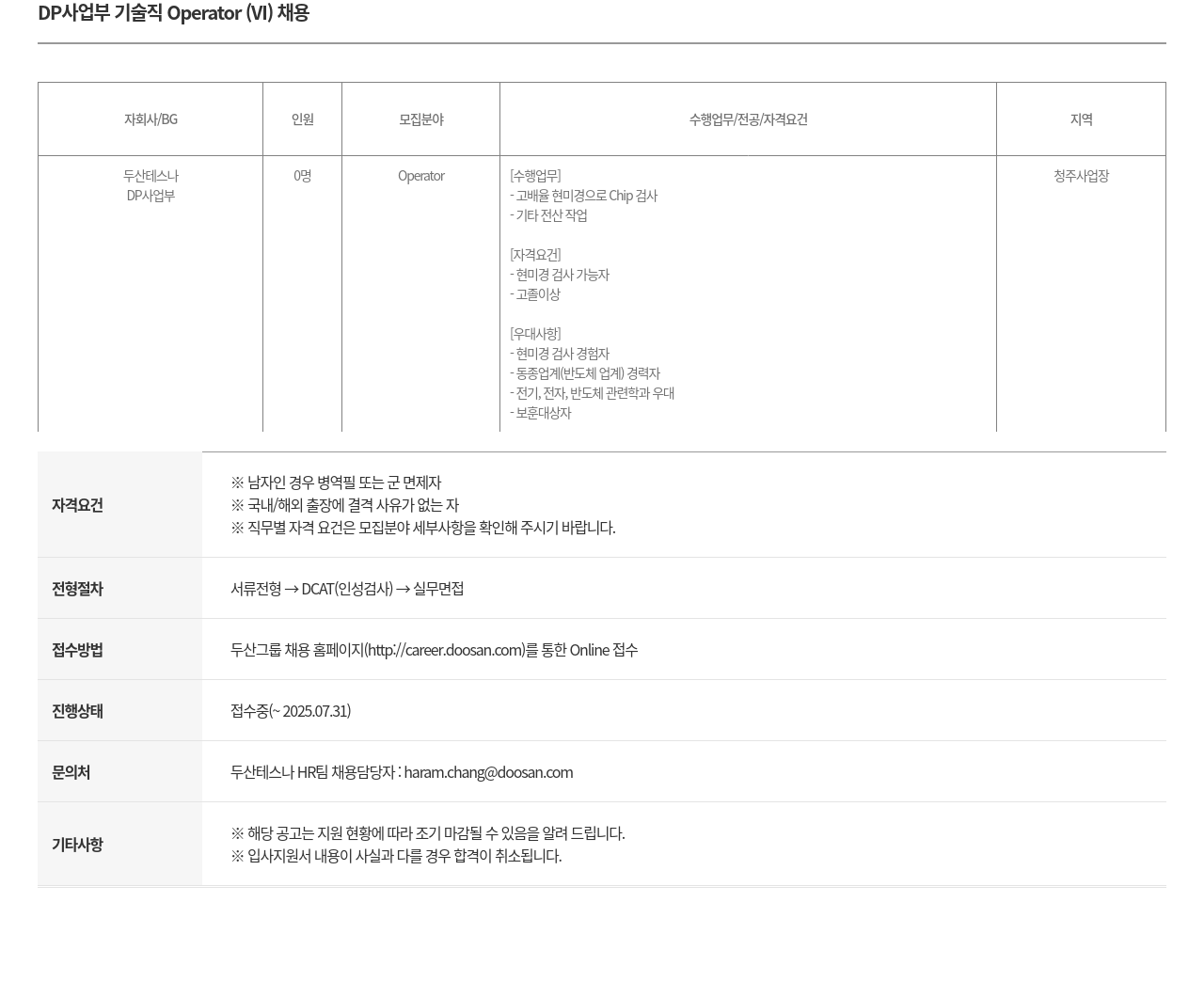 두산테스나 DP 사업부 기술직 Operator (VI) 채용 채용공고